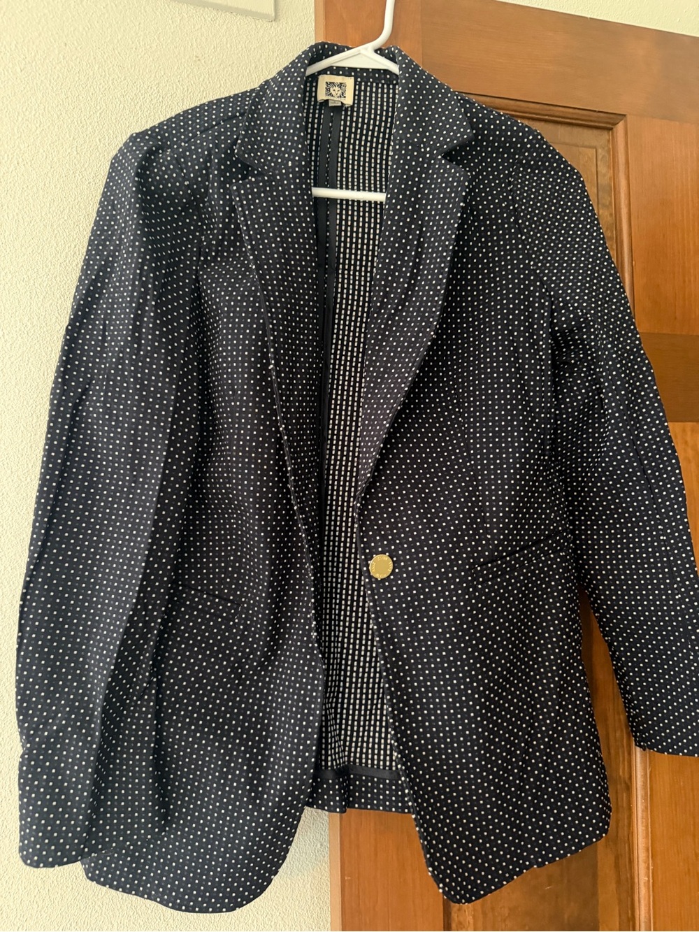 Anne Klein Navy Polka Dot Single-Button Blazer